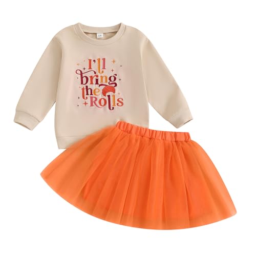 Socutebabe Toddler Baby Girl Thanksgiving Outfit Vintage Sweartshirt and Tulle Tutu Skirts Little Girls Dress Cute Clothes (I'll Bring the Rolls Orange, 12-18 Months)