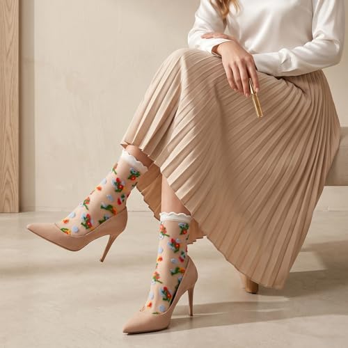 Image of 5 Pack Flower Sheer Socks for Women Ruffle Lace Ankle Socks