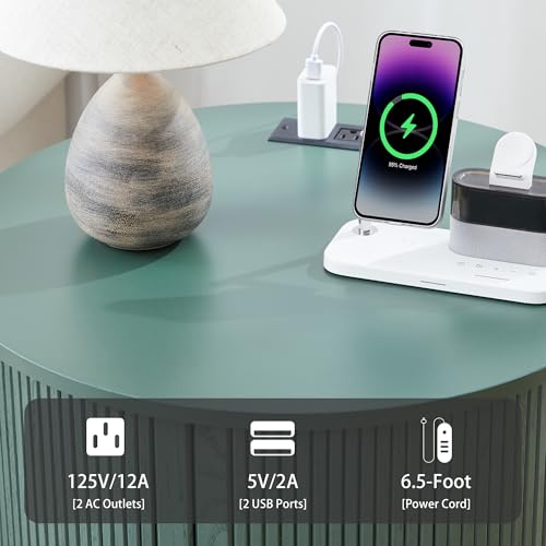 Image of 24 inch Fluted Round Nightstand Set of 2, Mid-Century Large Wooden End Table with Charging Station, Farmhouse Storage Side Table with Sliding Door for Bedroom Living Room (2XRound, Green)