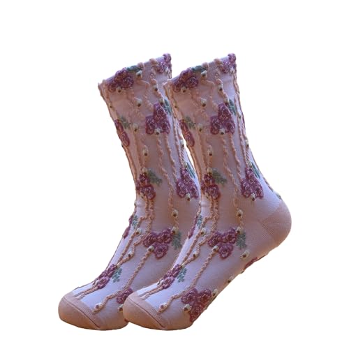 Image of 5 Pairs Floral Socks Women Trendy Flower Socks Embroidered Vintage,Girls Cute Sweet Nordic Textured Cotton Socks
