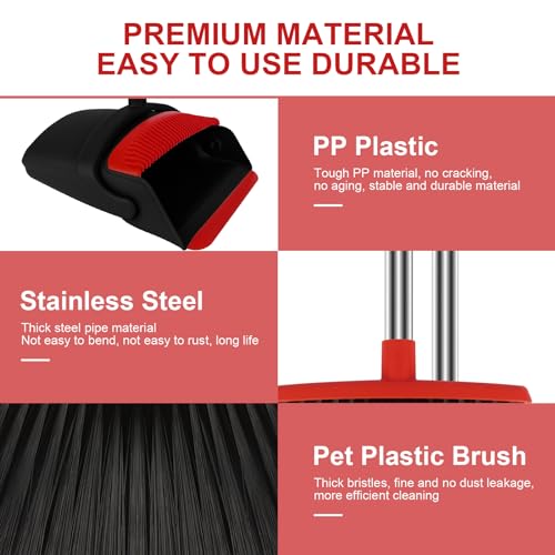 Image of Broom and Dustpan Set for Household, Red Broom with Dustpan Combo Set, 51 inch Long Handle Dust pan Set for Dog Cat and Hair Clean