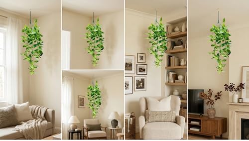 Image of Dekorly 2 Pack Artificial Plants Artificial Hanging Plants Faux Eucalyptus Leaf Greenery Fake Hanging Eucalyptus Plant (Green) (2, Green Money Plant Vines)