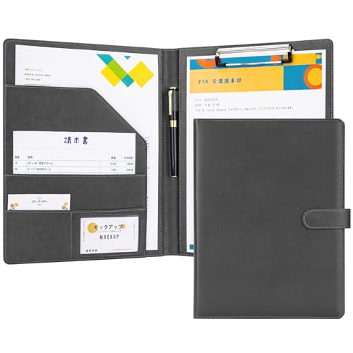 OWLKELA バインダー A4 クリップボード 2つ折り PUレザー クリップファイル 多機能 クリップバインダー 折りたたみ ペンホルダー付き 名刺入れ メモ帳付き ポケット付き プレゼント 贈り物 ギフト オフィス用品 事務用品 (グレー)