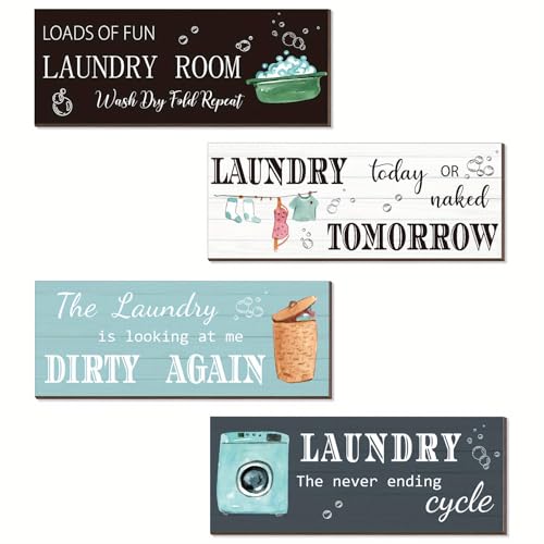 Sarvada Decor 4pcs Rustic Wooden Laundry Room Plaque Set - Vintage Style Decorative Wall Sign with Laundry Rules - Manufactured Wood, No Feathers, Perfect for Bedroom Decor and Background Decor