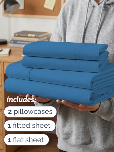 Image of Twin XL 4 Piece Sheet Set - College Dorm Room Essentials - Denim Blue | Ultra Soft Dorm Bedding Set, 8 inch to 16 inch Inch Deep Pockets, 1 Flat & 1 Fitted Sheet & 2 Pillowcases, Wrinkle & Fade Free