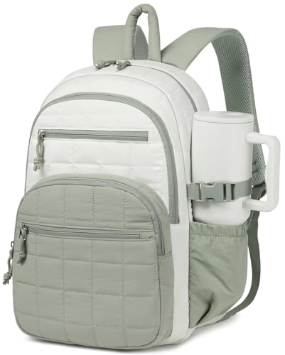 Image of Quilted Bookbag for Women, College Laptop Backpack with Tumbler Holder Pocket for Nurse Teacher Work Travel, Puffer School Backpack for Teen Girls Big Student, White Green