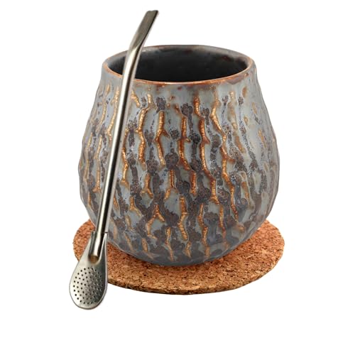 Mate Green Yerba Mate-Tee Set - Keramik Mate Becher 400ml - Edeltahl trinkhalm Bombilla 19cm - Handgemachte Keramik Kalebasse - Matetee keramik tasse - Korkpad