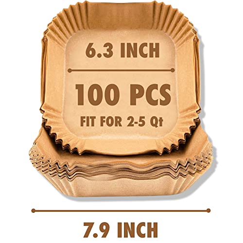 Finece Air Fryer Liners Square, 100Pcs For 2 To 5 Qt Air Fryer Disposable Paper Liner, 6.3 Inch Unbleached Non-Stick Oil-Proof Parchment Paper #TOP1