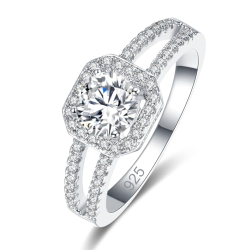 Silver Plated Sparkling 6x6mm Round Cut Created White Topaz CZ Cubic Zirconia Filled Halo Wedding Engagement Band Women's Ring for Mom Bridal Lover 10#