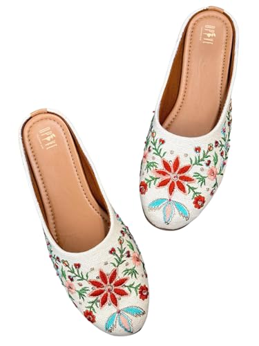 Image of OPIVE's Mehandi Women's Mojari Jutti Ethnic Punjabi Juttis Traditional Flat Embroidered Canvas Fancy Bellies Comfortable Sole for Womens & Girls