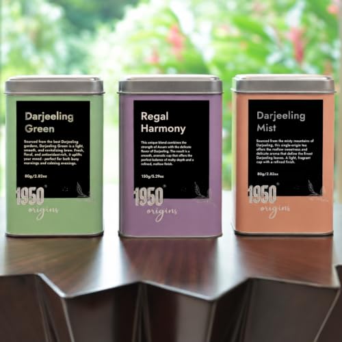 Image of 1950 Origins Combo Pack | Darjeeling Green Premium Green Tea | Darjeeling Mist Premium Black Tea| Regal Harmony CTC & Orthodox Long Leaves Blend | Tin Caddy 80g X 3