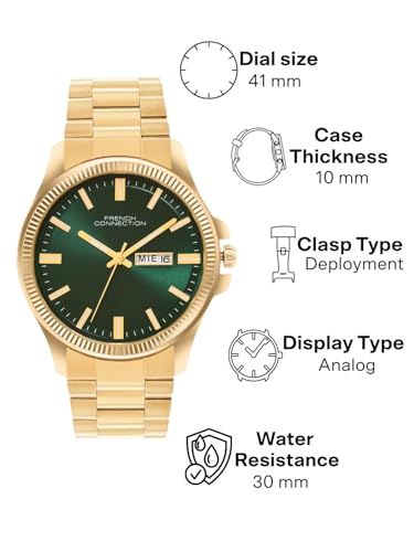 Image of French Connection Sunray Green Round Dial with Gold Stainless Steel Strap Watch for Mens - FCN0121GM