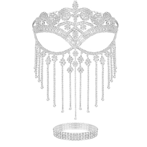 Sureio 3 Pack Masquerade Mask for Women Masquerade Jewelry Set Tassel Mask Fringe Veil Face Chain Rhinestone Crystal Necklace Bracelet for Halloween Wedding Cosplay Costume Party Accessory(Silver)