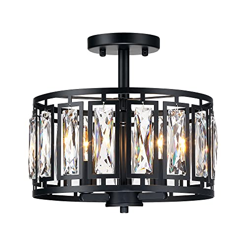 Modern Crystal Semi Flush Mount Ceiling Light Industrial Close to Ceiling Light Crystal Drum Shade Chandelier, 3-Light Black Ceiling Lamp for Dining Room Bedroom Kitchen Island Hallway Entryway