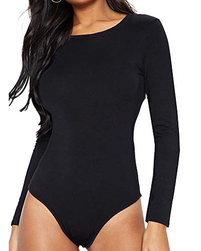 BelleLovin Women's Boat Neck Long Sleeve Bodysuit Jumpsuit (Black, Medium)