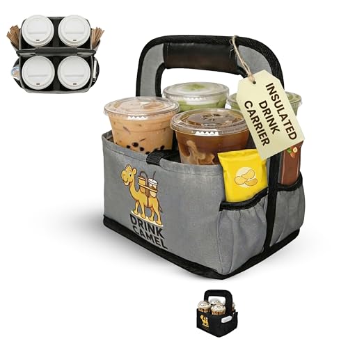 DRINK CAMEL Reusable Drink Carrier with Handle, Foldable 4 Cup Drink Holder Carrier for Delivery, Coffee Cup Carrier, Portable Cup Holder Bag for Drinks, To Go Beverage Drink Organizer (Grey)