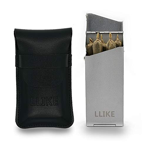 LLIKE-Metal Portable Joint Holder with Leather Sheath,Compact and Cool Blunt Holder,Holds 5 King Size Prerolls,Doob Tube and Cigarette Case,Easy to Carry Accessories (Silver)