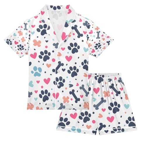 senya Paw Bone and Hearts 1 Satin Summer Pajama Sets Silk Short Sleeve Button Down Sleepwear