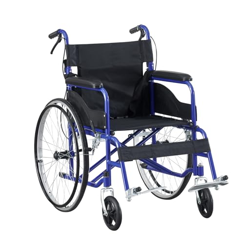 BSTSEL Folding Wheelchair Self Propelled Travel Transit Mobility Aid with Adjustable Footrests with Handbrakes Self Parking Brake Indoor Outdoor Use 18“ Wide Seat (Blue Frame)