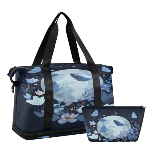 Butterfly Moon Blue Travel Duffel Bag for Women Men Gym Bag with Shoe Compartment Wet Pocket Carry On Weekender Overnight Bags for Travel Weekend Getaway2