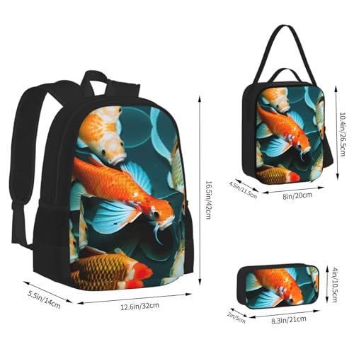 Hd Koi Fish Print 3 Piece Set Backpack, Lunch Bag, Pencil Case, Cute Sturdy For College And Travel4