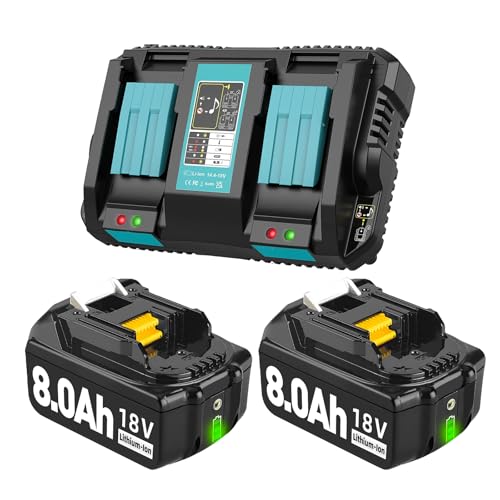2 Stück 18V 8.0Ah Ersatzakku für Makita Akku+Doppelladegerät für Makita Akku 18V Kompatibel mit BL1860B BL1860 BL1850B BL1850 BL1845 BL1840 BL1835 BL1830 BL1815 194205-3 LXT-400 (3S)