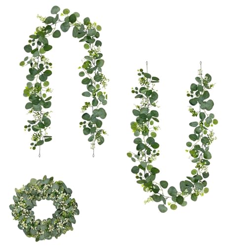 Guirnaldas Artificiales de Eucalipto, 1,8m, 2 Piezas Guirnalda Verde Colgante, Enredaderas Artificiales Decorativas, Planta Artificial Guirnalda, Artificiales Colgante Hojas, para Chimeneas