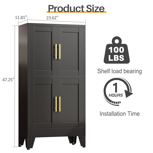 Image of 47 inch Black Metal Bathroom Storage Cabinet, Kitchen Pantry Cabinet | Steel Storage Cabinet with Doors and 3 Adjustable Shelves, Bathroom cabinets Organizer, for Home Office, Bedroom