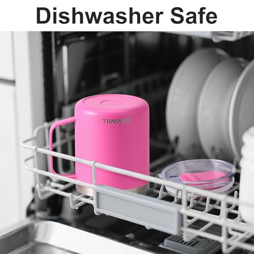 Image of SUNWILL Insulated Coffee Mug with Lid, Travel Tumbler with Handle, 14 oz Stainless Steel Cup for Home, Office, Camping, Powder Coated Magenta