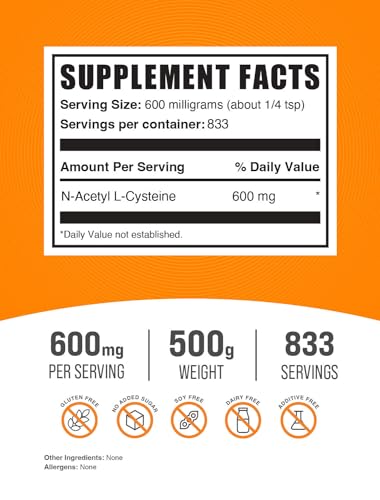 Image of BulkSupplements.com NAC Powder - N-Acetyl Cysteine 600mg, NAC Supplement - Antioxidant Support, Gluten Free - 600mg per Serving, 833 Servings, 500g 1.1 lbs (Pack of 1)
