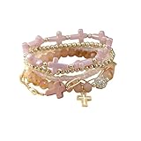 MMIUAEG Multi-colored Cross Charms Bracelet Set for Women Christian Cross Stackable Beaded Bracelets Creative Easter Wristlets Decor Religious Jewelry-Pink