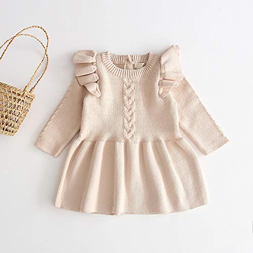 Imekis Toddler Baby Girls Knit Sweater Dress Crochet Ruffle Long Sleeve Top Swing Dresses Fall Winter Warm Outfits Autumn Princess Clothes For Kids # Apricot 18-24 Months #TOP1