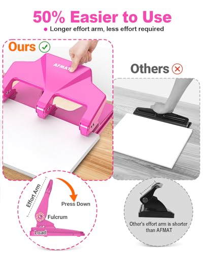 Image of AFMAT 3 Hole Punch Heavy Duty, 40-Sheet Three Hole Punch, 50% Reduced Effort, 3 Hole Puncher for Binder w /Large Chip Tray, 9 /32 inch Holes Diameter, Metal Paper Puncher for Home /Office /School, HP14(Pink)