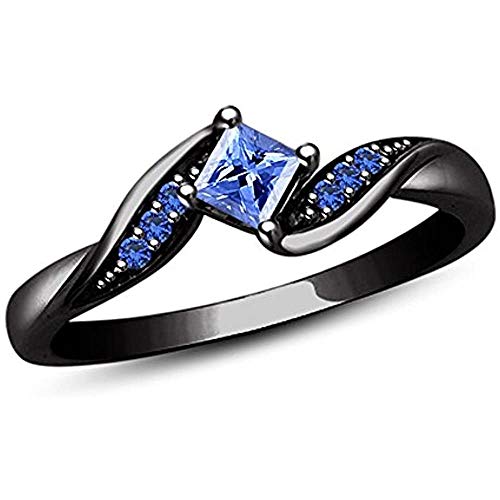 V Touch Princess Cut Created Blue Sapphire Engagement Wedding Bypass Ring for Women 14K Black Gold Plated 925 Sterling Sliver