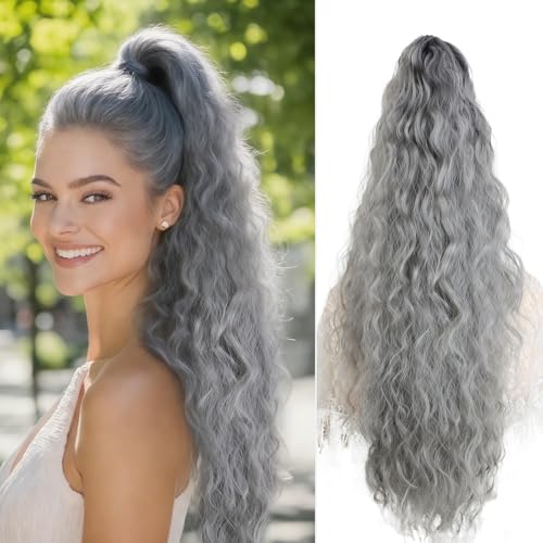 Image of Claw Clip Ponytail Extension 26In Wavy Curly Hair,Dark Grey