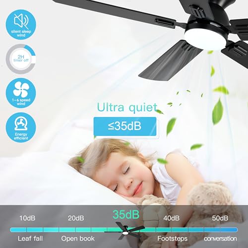 52-Inch Black Low Profile Ceiling Fan with Lights and Remote, Dimmable LED, Noiseless Flush Mount for Bedroom and Patio