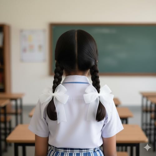 Image of Readymade Ribbon for School Girls - Soft Satin Bow Hair Accessory - Easy to Wear, Stylish & Neat Look - Ideal for School Uniforms bow in girls & Daily Use - Pack of 8 /School Ribbon in Kids (white Colour)