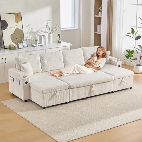 Lubvtti Sofá moderno de 4 plazas, con chaise longue,Incluye portavasos y puerto USB,Sofá modular en U, sofá cama multifuncional de 4 plazas, con espacio de almacenamiento, beige, pana