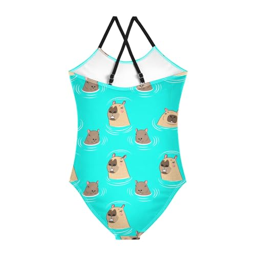 CHIFIGNO Capybara Teal Bathing Suit Girl Quick Dry Crossback One Piece Swimming Suit with Adjustable Strap 3T2