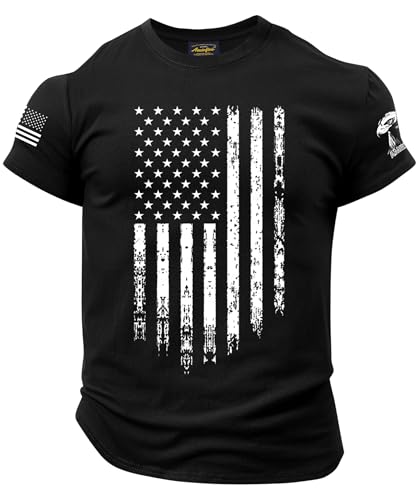 Mainfini Mens 2025 USA Flag Tee Shirts Fourth of July T-Shirt Muscle Tactical Freedom 4th of July Independence Day Distressed Workout Patriotic Stars and Stripes Stretch American Flag Shirt Black M