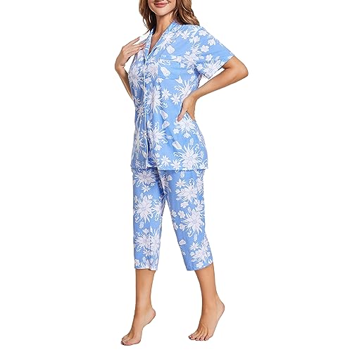 Image of Tugege Capri Pajamas Set Womens Button Down Short Sleeve Lounge Sets Sleepwear Notch Collar Top & Capri 2 Piece PJ Sets