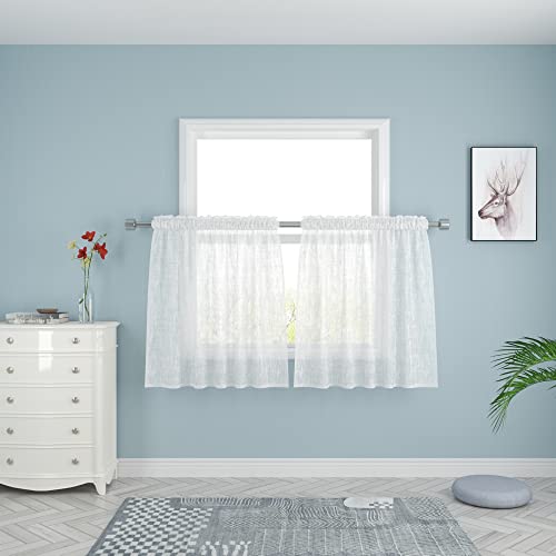White Sheer Tier Curtains 30 Inches Long Voile Kitchen Tiers Linen Textured Cafe Curtains Bathroom Short Small Curtain For Door Window Panels Half Window Curtains 2 Pieces Rod Pocket Cabinet Cover #TOP4