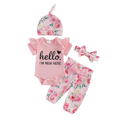 Lshyuehao Newborn Baby Girl Clothes Short Sleeve Romper Tops Floral Pants Sets Headband Infant Girl Summer Outfits (A-Pink Newborn)
