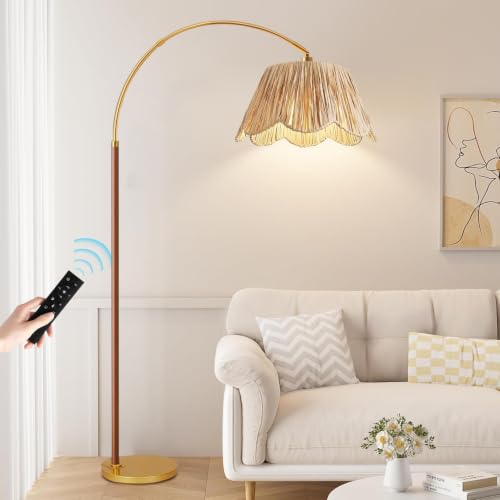 Image of Vintage Arc Floor Lamps for Living Room Farmhouse Wood Floor Lamp with Remote Control,Dimmable Rattan Floor Lamp Boho Standing Lamp with 3 Color Temperature Wicker Tall Floor Lamp for Bedroom Corner