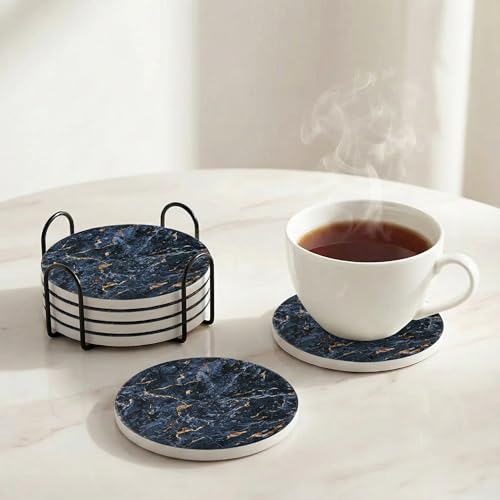 Decor & More - Ceramic Coasters with Matt Finish On Top & Cork Base | Coasters for Cups Set of 6 | Marble Style Ceramic Coaster for Tea, Coffee Table & Dining Table with Metal Holder