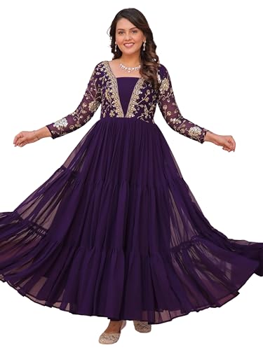Image of FOXDX Womens Faux Georgette Sequence Embroidered Ankle Length Anarkali Gown for Women| Festival | Trending |
