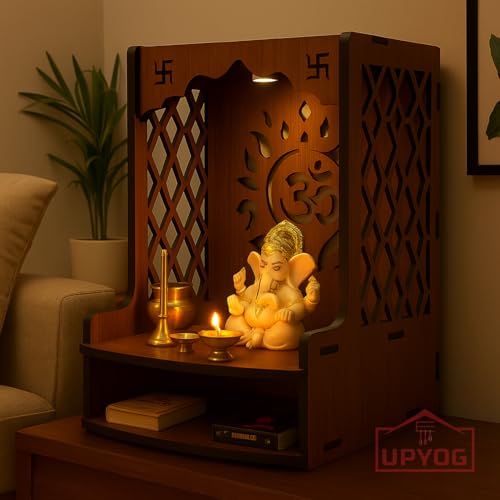 Image of UPYOG Wooden Pooja Stand for Home | Wall Mounted Temple Mandir with LED Spot Light | Compact Puja Mandir for Home & Office (15.5 x 11.5 x 11 Inch)