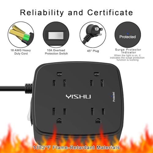 Image of 5Ft Surge Protector Power Strip - 8 Widely Outlets with 4 USB Ports, 3 Side Outlet Extender with 5 Feet Extension Cord, Flat Plug, Wall Mount, Desk USB Charging Station, ETL,Black