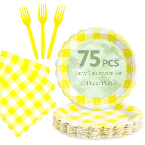Image of Mulbozy 75 Yellow Gingham Paper Plates&Napkins Disposable for Party,7in