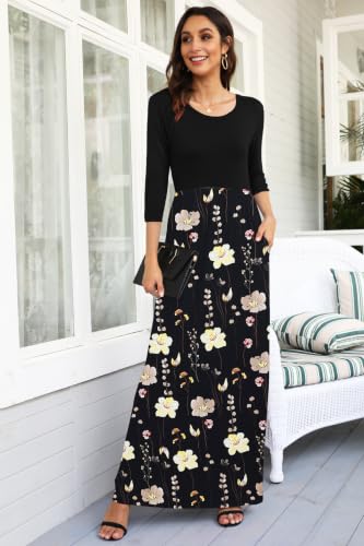 Image of WNEEDU Women's 3 /4 Sleeve Casual Loose Long Maxi Dresses with Pocket